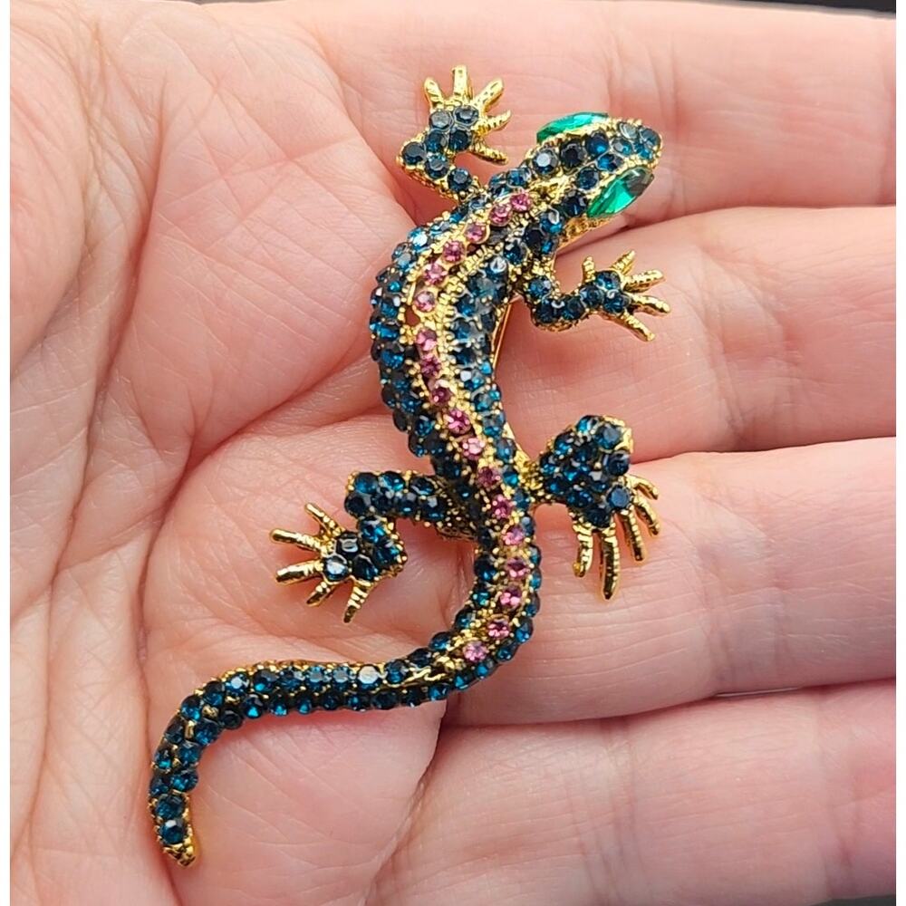 Gecko Lizard Brooch Aqua & Blue Colored Rhinestones on Gold Tone Metal